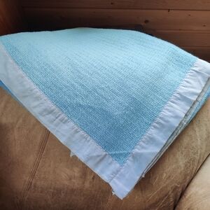 Vintage Waffle Weave Acrylic Blanket Satin Trim Blue Twin 89x72 Thermal